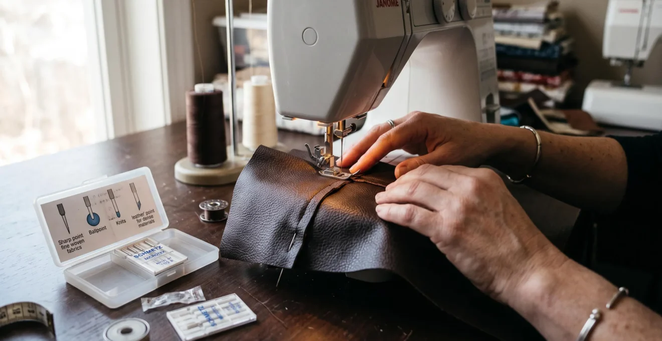 Des mains guident du simili épais sous l'aiguille d'une machine à coudre, à côté de cartes d'aiguilles de pointes différentes posées sur la table.