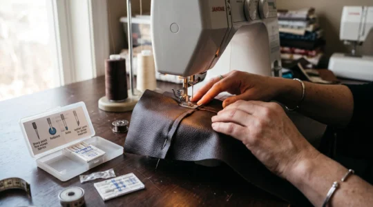 Des mains guident du simili épais sous l'aiguille d'une machine à coudre, à côté de cartes d'aiguilles de pointes différentes posées sur la table.