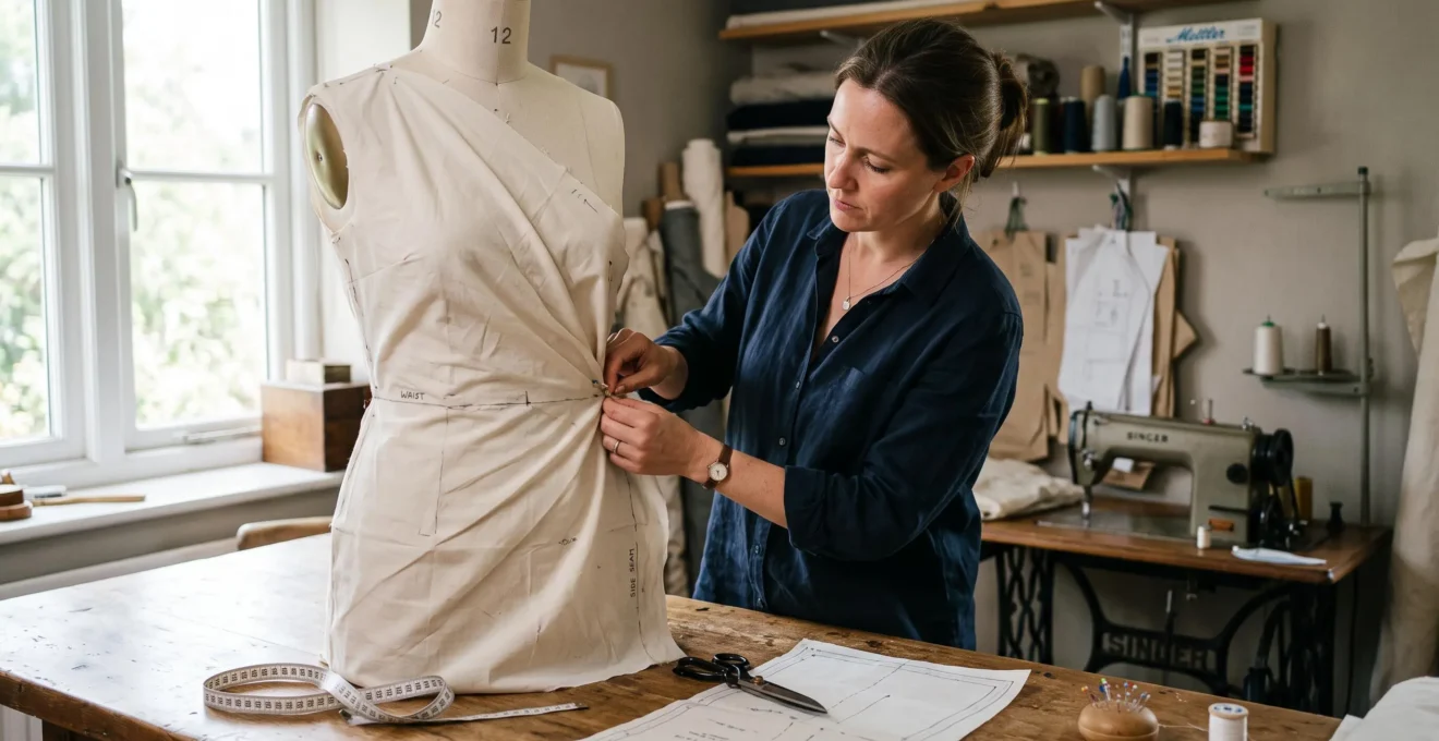 Une couturière ajuste à l'épingle une toile d'essai en coton sur un mannequin de couture dans un atelier lumineux.