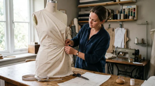Une couturière ajuste à l'épingle une toile d'essai en coton sur un mannequin de couture dans un atelier lumineux.