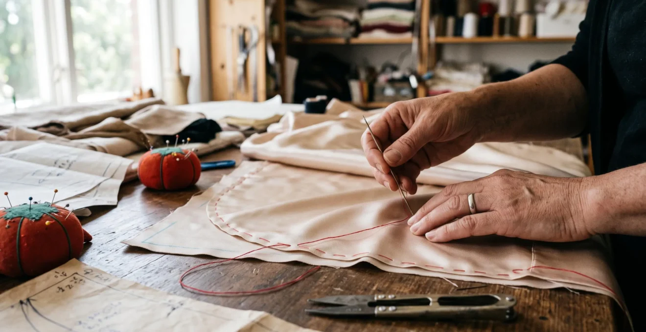 Mains d'une couturière réalisant un bâti au fil contrasté sur deux couches de tissu satin glissant, alignées à plat sur une table de travail.