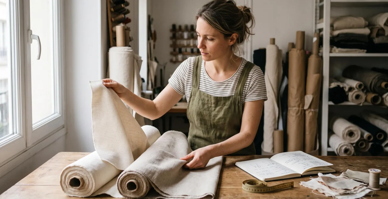 Une couturière compare deux échantillons de tissu en coton sur une table de travail en bois, dans un atelier de couture éclairé à la lumière naturelle.