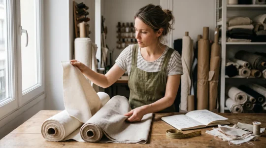 Une couturière compare deux échantillons de tissu en coton sur une table de travail en bois, dans un atelier de couture éclairé à la lumière naturelle.