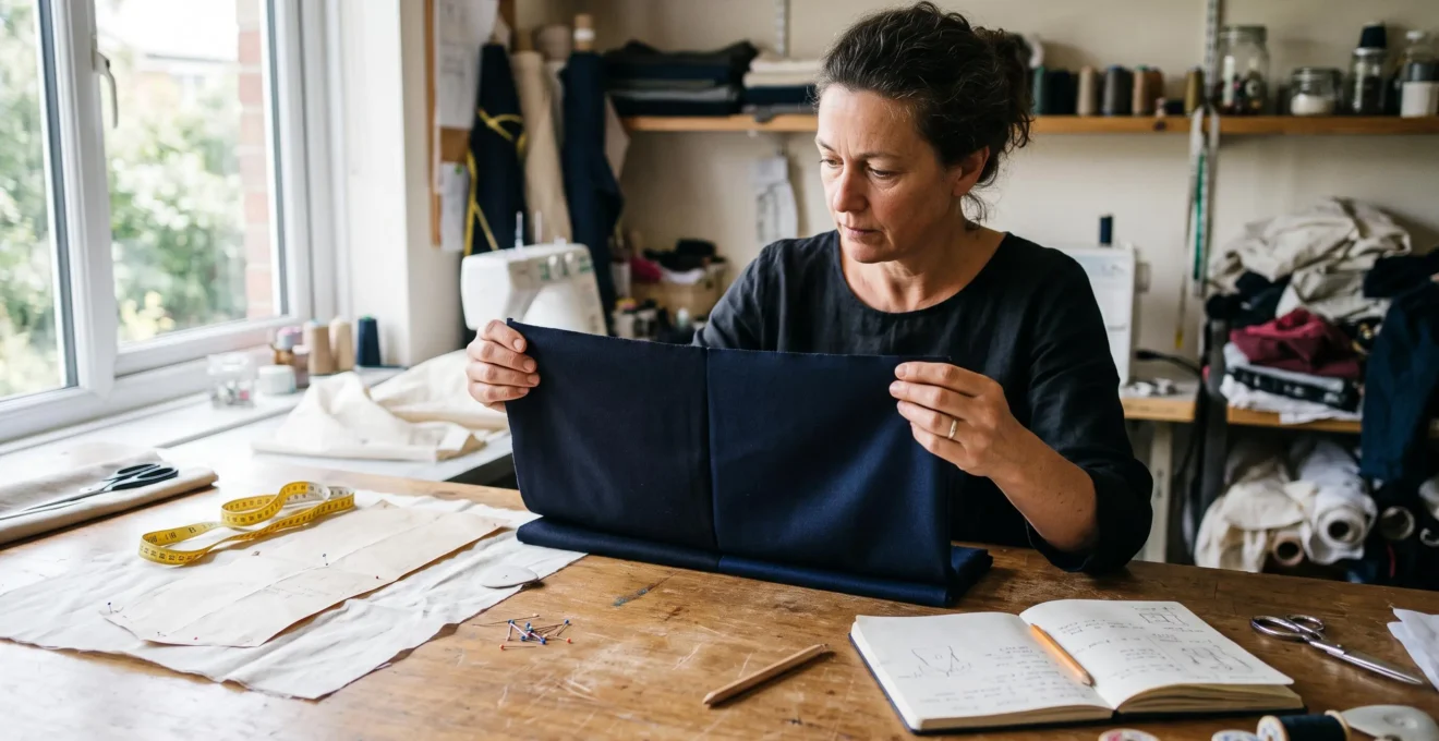 Une couturière compare les deux faces d'un tissu plié près d'une fenêtre pour repérer l'envers sous la lumière naturelle.