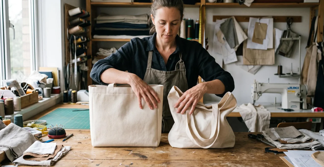 Une couturière tient côte à côte deux tote bags en toile de coton, l'un bien structuré et l'autre affaissé, pour comparer leur tenue.
