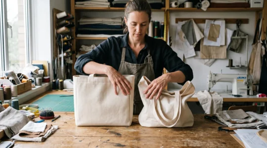 Une couturière tient côte à côte deux tote bags en toile de coton, l'un bien structuré et l'autre affaissé, pour comparer leur tenue.