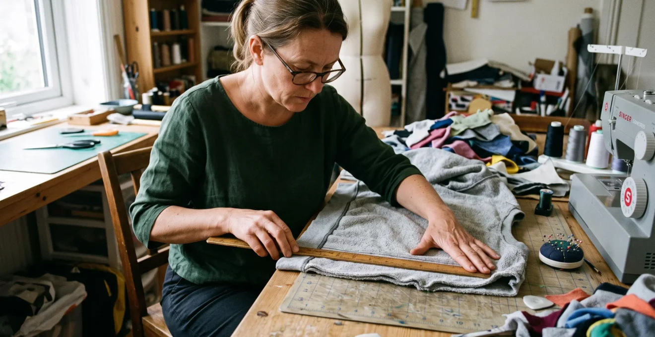 Une couturière contrôle la bordure nette d'un panneau de sweat tricoté posé sur sa table de travail, près de sa machine à coudre.