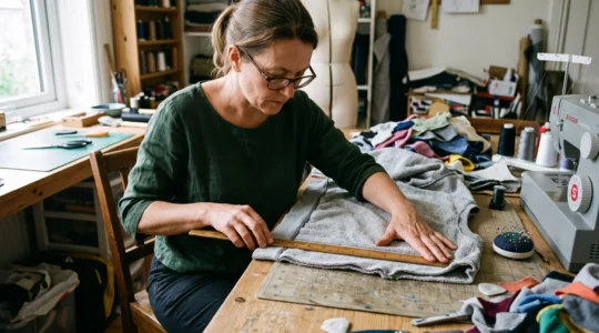 Une couturière contrôle la bordure nette d'un panneau de sweat tricoté posé sur sa table de travail, près de sa machine à coudre.