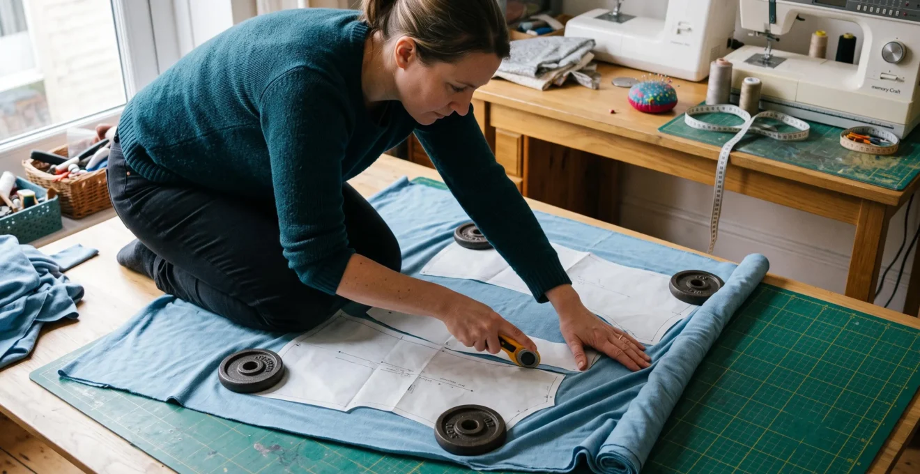 Une personne coupe un tissu jersey à plat au cutter rotatif, le bord de la maille roulant sur lui-même, dans un atelier de couture lumineux