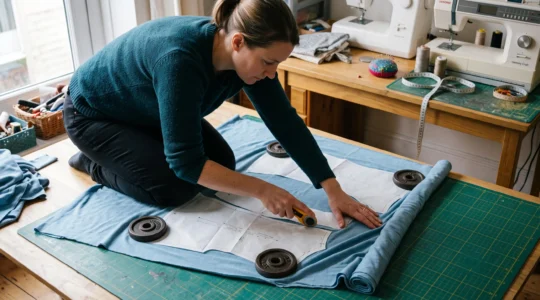Une personne coupe un tissu jersey à plat au cutter rotatif, le bord de la maille roulant sur lui-même, dans un atelier de couture lumineux