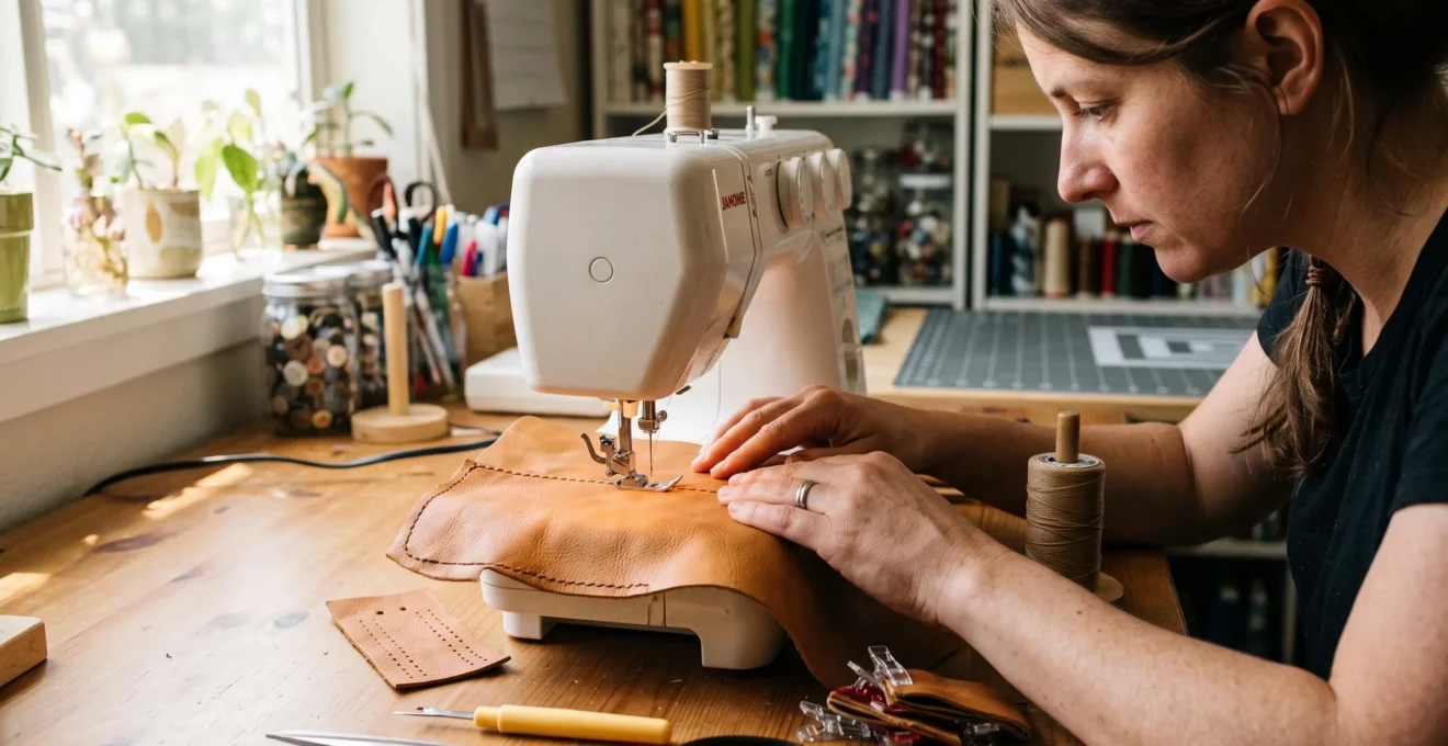 Une personne coud une pièce de cuir véritable sur une machine à coudre familiale, ses mains guidant le cuir sous le pied presseur.