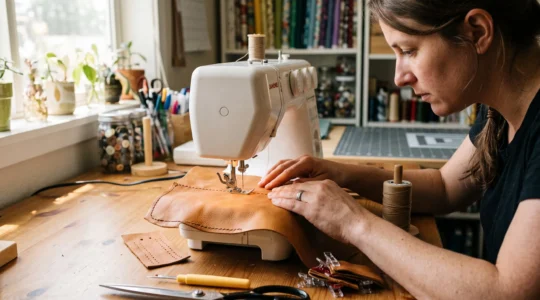 Une personne coud une pièce de cuir véritable sur une machine à coudre familiale, ses mains guidant le cuir sous le pied presseur.