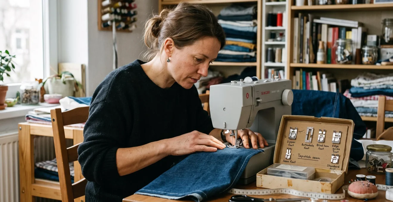 Une femme coud une surpiqûre droite sur du tissu en denim, avec plusieurs pieds-de-biche posés à côté de sa machine à coudre sur une table de travail à domicile.