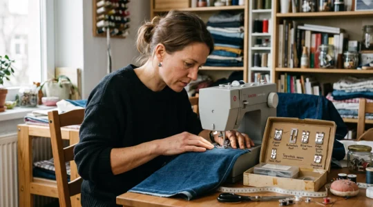 Une femme coud une surpiqûre droite sur du tissu en denim, avec plusieurs pieds-de-biche posés à côté de sa machine à coudre sur une table de travail à domicile.