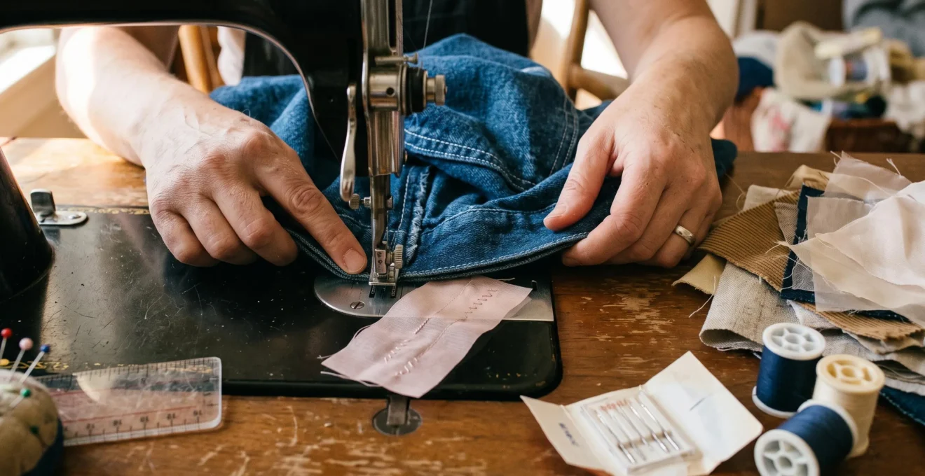 Mains d'une couturière guidant un tissu épais plié sous le pied presseur d'une machine à coudre, avec des échantillons de tissus de différentes épaisseurs posés sur la table.