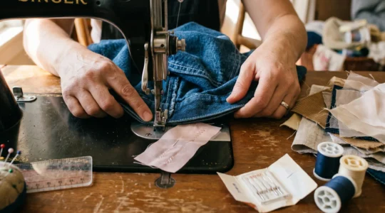 Mains d'une couturière guidant un tissu épais plié sous le pied presseur d'une machine à coudre, avec des échantillons de tissus de différentes épaisseurs posés sur la table.