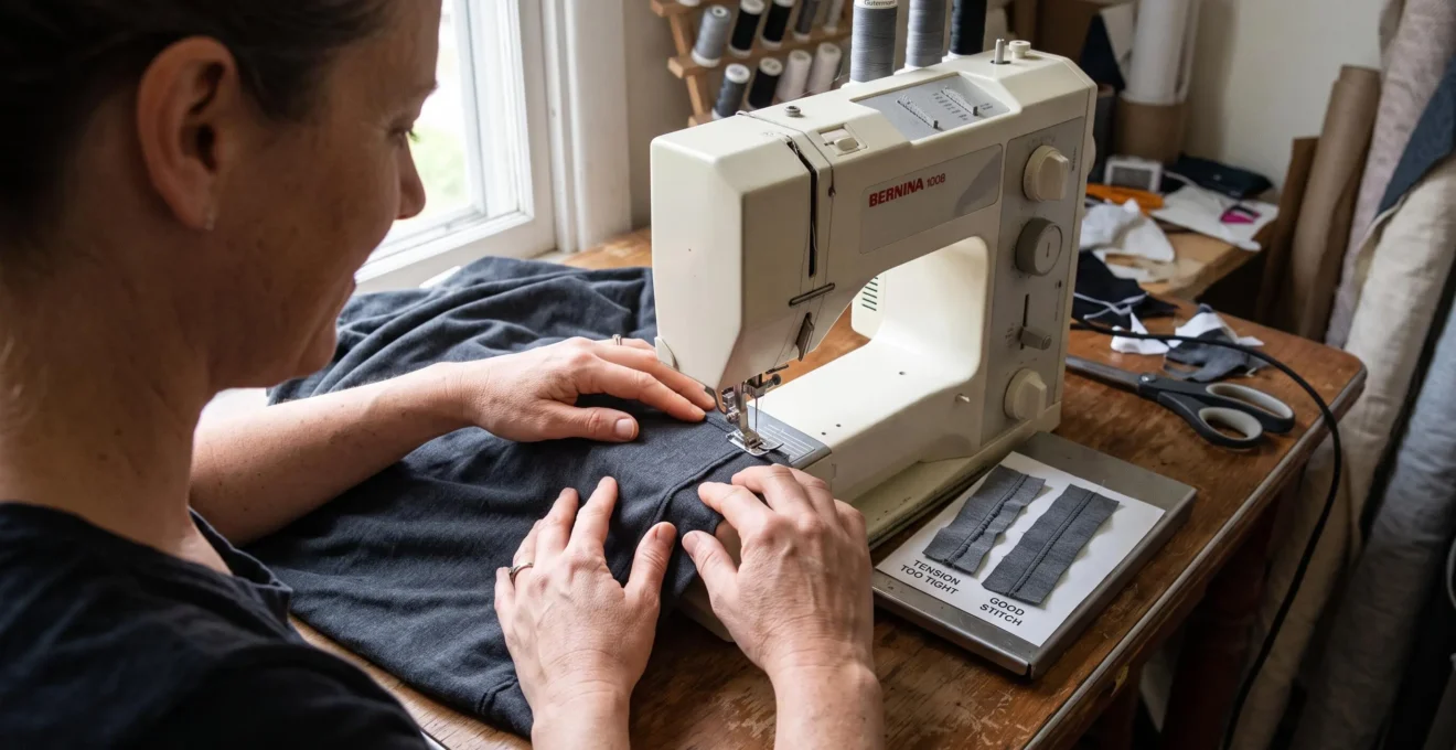 Une personne coud un tissu jersey stretch sur une machine à coudre, les mains répartissant la maille sans la tirer, avec des échantillons de tests à côté.