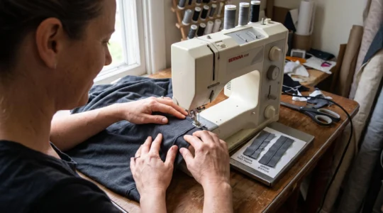 Une personne coud un tissu jersey stretch sur une machine à coudre, les mains répartissant la maille sans la tirer, avec des échantillons de tests à côté.