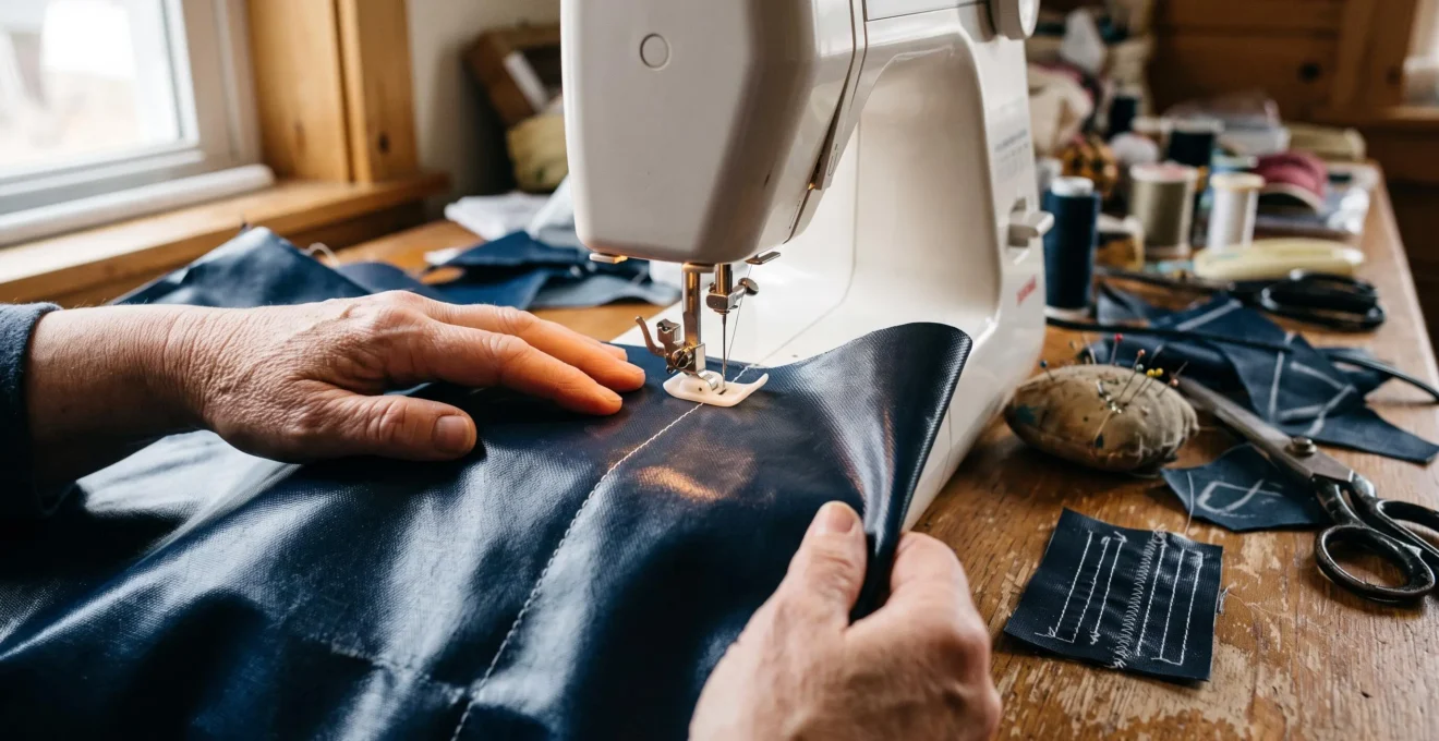 Des mains guident une toile enduite brillante sous le pied-de-biche d'une machine à coudre, avec un échantillon d'essai posé à côté sur la table.