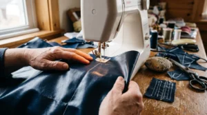 Des mains guident une toile enduite brillante sous le pied-de-biche d'une machine à coudre, avec un échantillon d'essai posé à côté sur la table.