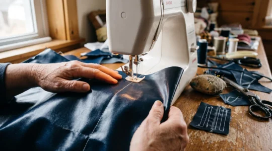 Des mains guident une toile enduite brillante sous le pied-de-biche d'une machine à coudre, avec un échantillon d'essai posé à côté sur la table.