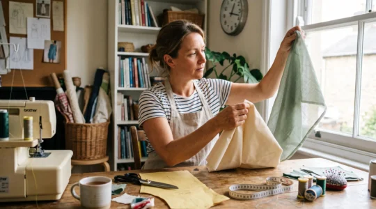 Une couturière compare deux tissus d'été devant une fenêtre lumineuse pour juger leur densité et leur transparence, sur une table de travail avec une machine à coudre et un patron de couture.