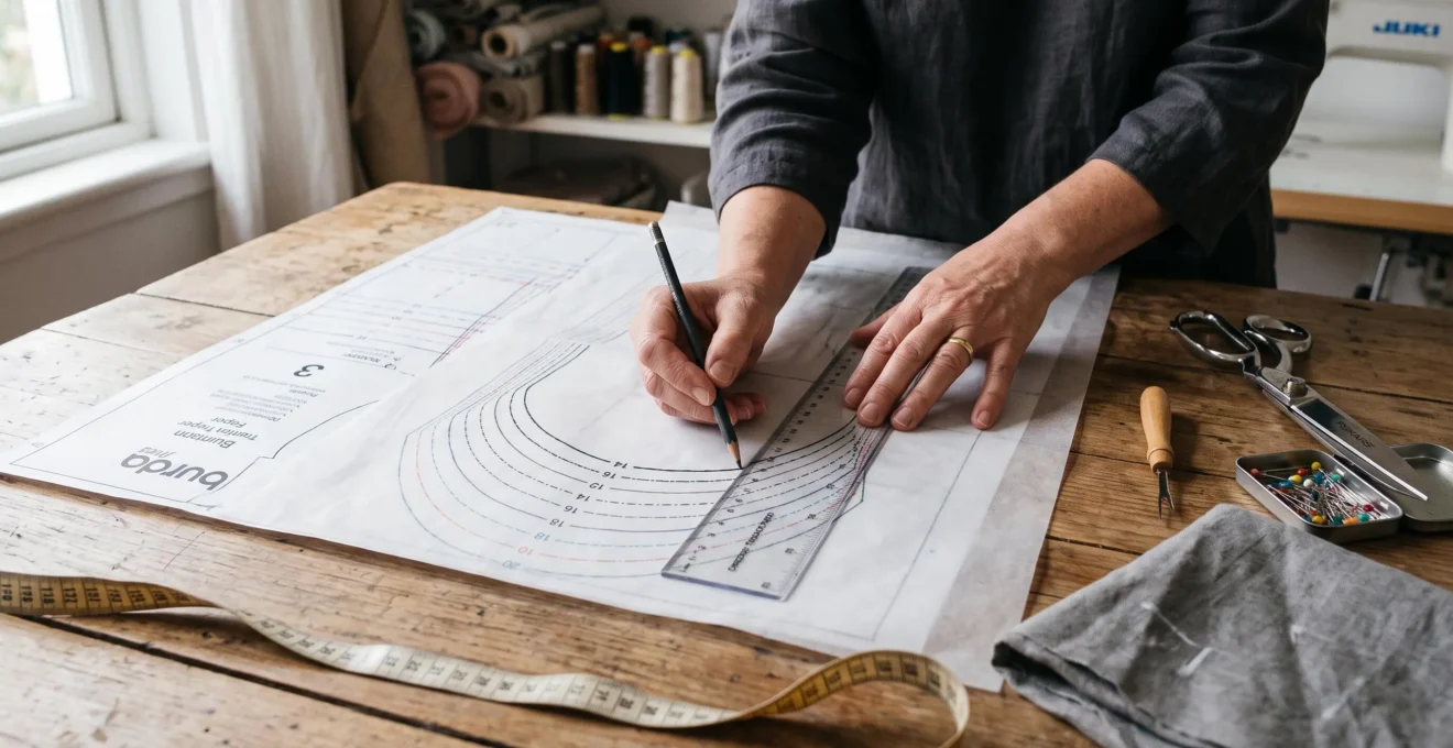 Une couturière décalque la ligne de sa taille sur du papier calque posé sur un patron en papier multi-tailles, avec un mètre ruban et des ciseaux sur la table.