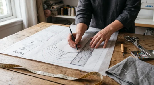 Une couturière décalque la ligne de sa taille sur du papier calque posé sur un patron en papier multi-tailles, avec un mètre ruban et des ciseaux sur la table.
