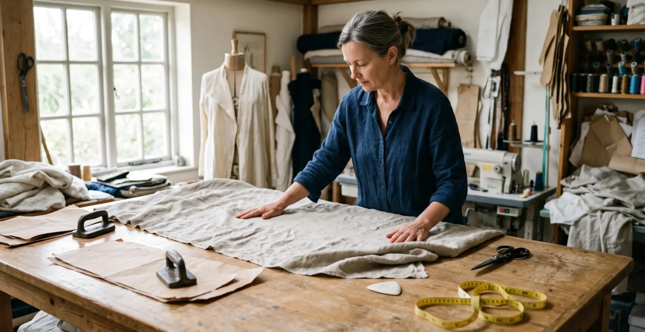 Une couturière examine le tombé d'un métrage de lin lavé étendu sur sa table de coupe, entourée de son patron et de ses outils de couture.
