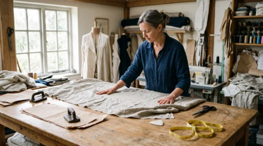 Une couturière examine le tombé d'un métrage de lin lavé étendu sur sa table de coupe, entourée de son patron et de ses outils de couture.