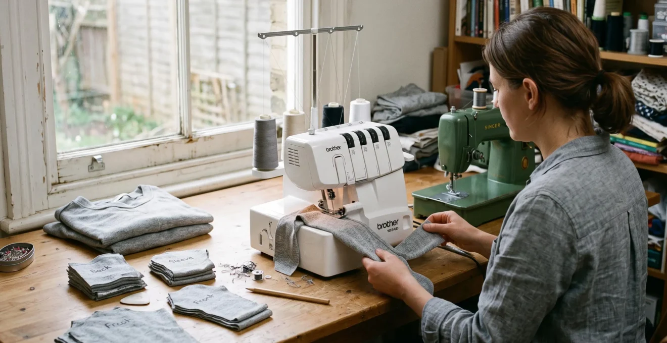 Une couturière surjette une bande de jersey sur une surjeteuse installée à côté de sa machine à coudre, dans un atelier domestique avec des pièces de tissu découpées.