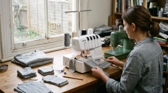 Une couturière surjette une bande de jersey sur une surjeteuse installée à côté de sa machine à coudre, dans un atelier domestique avec des pièces de tissu découpées.