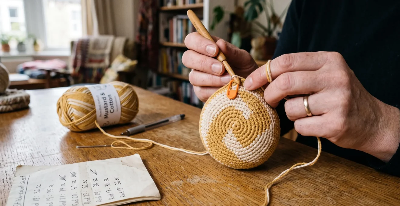 Mains d'une personne crochant une pièce ronde en spirale bicolore avec un marqueur de maille sur la jonction, sur une table en bois près d'une fenêtre.