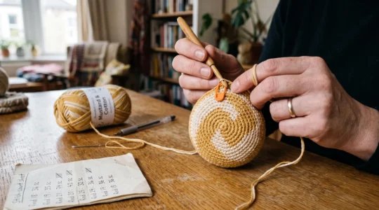 Mains d'une personne crochant une pièce ronde en spirale bicolore avec un marqueur de maille sur la jonction, sur une table en bois près d'une fenêtre.
