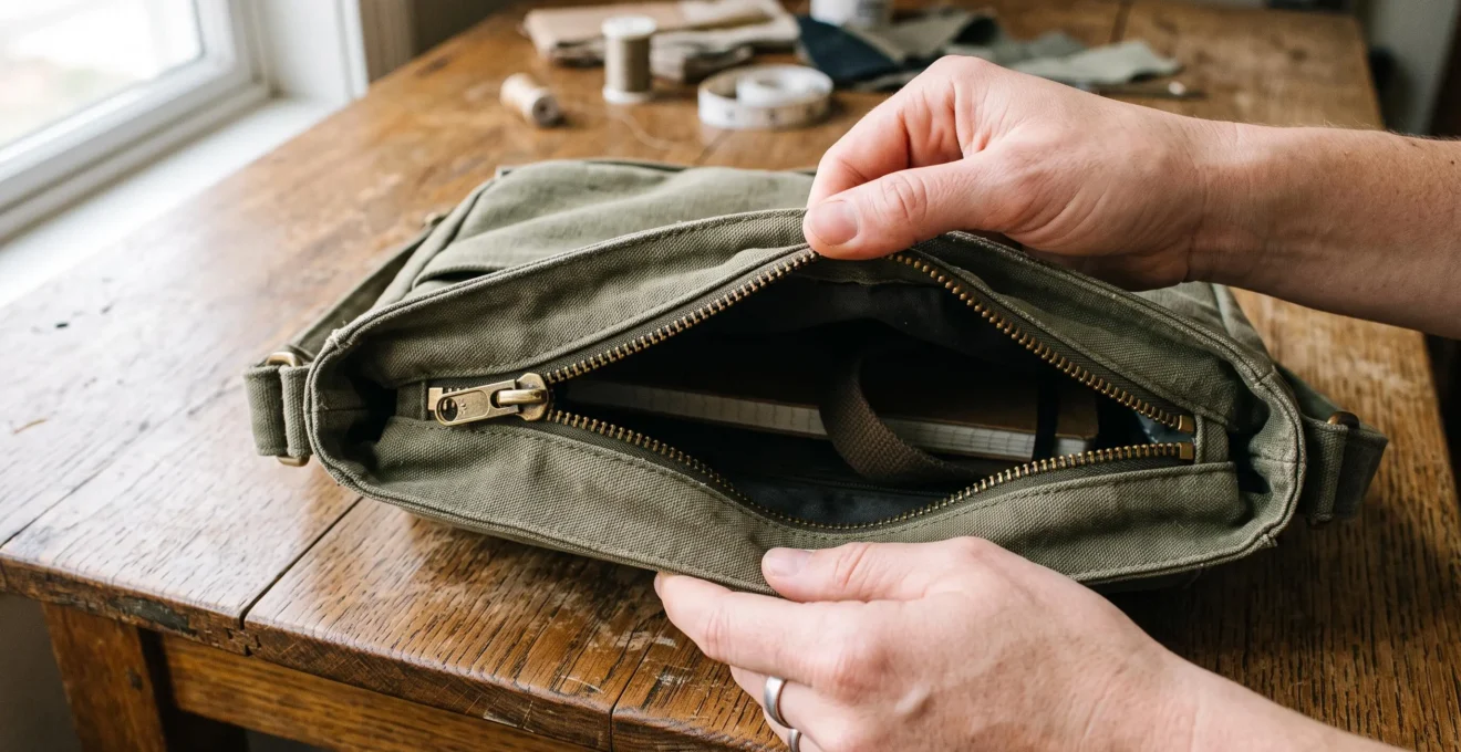 Gros plan sur un sac en toile ouvert dont le curseur métallique de fermeture éclair laisse les dents désengagées, une main maintenant le tissu sur une table en bois.