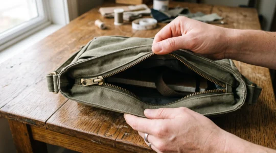 Gros plan sur un sac en toile ouvert dont le curseur métallique de fermeture éclair laisse les dents désengagées, une main maintenant le tissu sur une table en bois.
