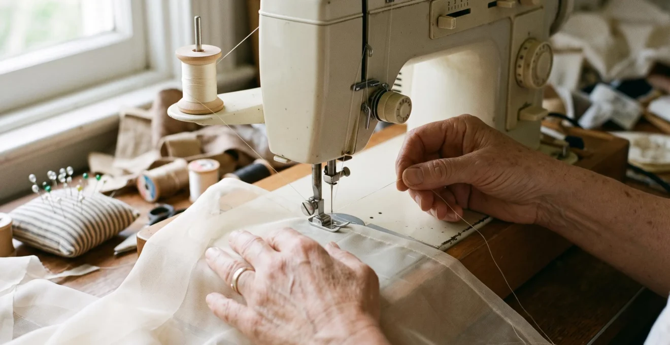 Mains d'une couturière guidant un fil de soie fin vers le chas de l'aiguille d'une machine à coudre, sur un tissu léger.
