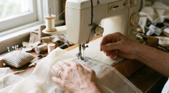 Mains d'une couturière guidant un fil de soie fin vers le chas de l'aiguille d'une machine à coudre, sur un tissu léger.