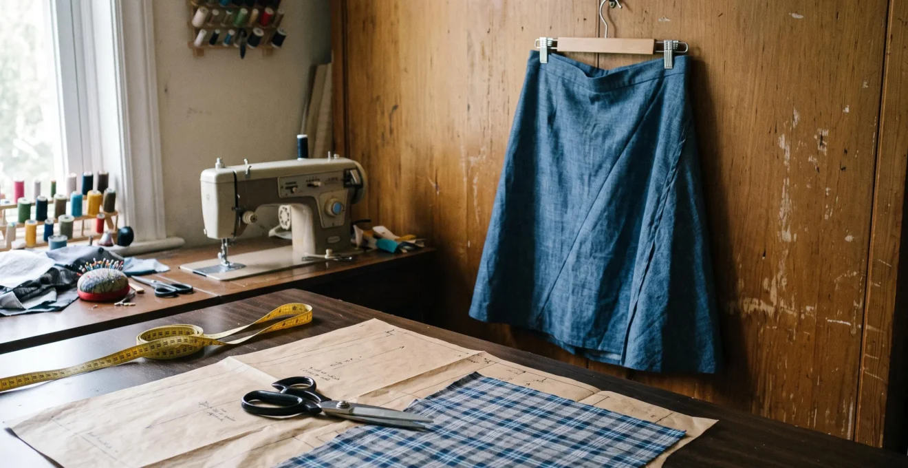 Une jupe cousue suspendue par sa ceinture vrille visiblement, tandis qu'une table de coupe avec patron et tissu à carreaux mal aligné occupe le premier plan de l'atelier.