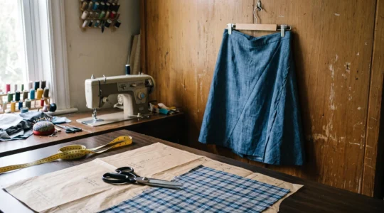 Une jupe cousue suspendue par sa ceinture vrille visiblement, tandis qu'une table de coupe avec patron et tissu à carreaux mal aligné occupe le premier plan de l'atelier.
