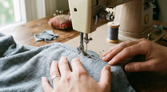 Une machine à coudre coud un jersey gris avec une aiguille à bout rond, les mains soutenant le tissu sans le tirer.