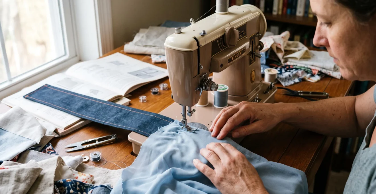 Mains d'une couturière guidant un tissu fin qui se fronce sous le pied presseur d'une machine à coudre, à côté d'un couture régulière réalisée sur coton.
