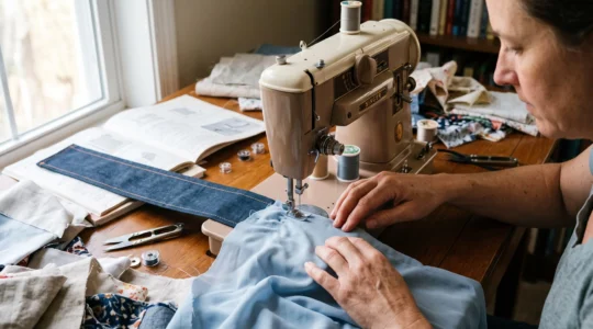 Mains d'une couturière guidant un tissu fin qui se fronce sous le pied presseur d'une machine à coudre, à côté d'un couture régulière réalisée sur coton.
