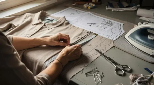 Une couturière mesure la marge de couture entre la ligne de couture et le bord du tissu sur une table de travail avec un patron de couture.
