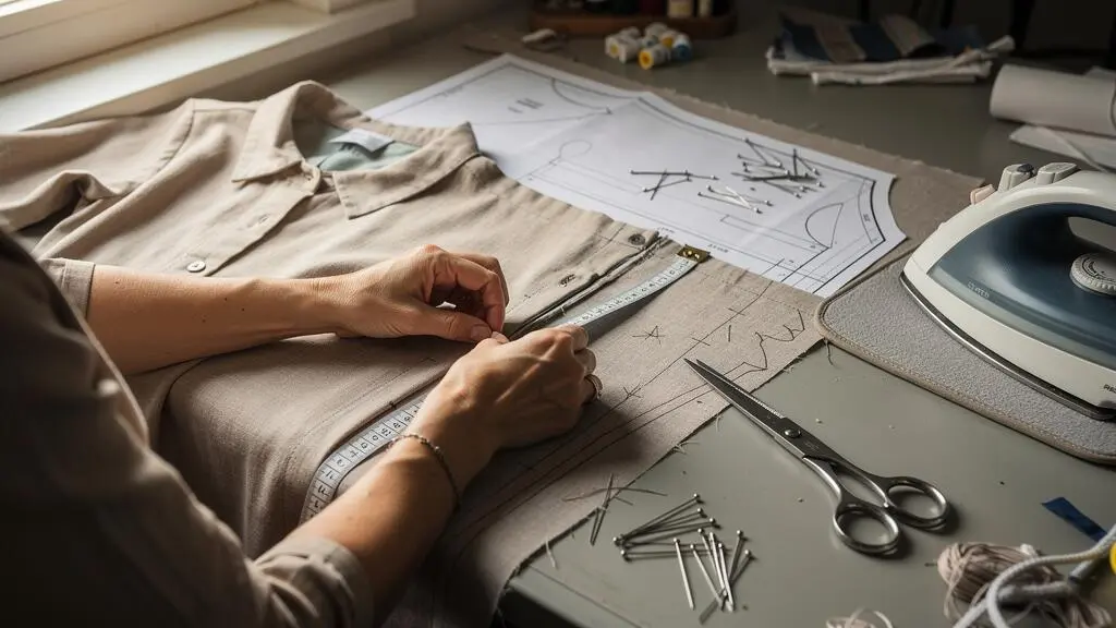 Une couturière mesure la marge de couture entre la ligne de couture et le bord du tissu sur une table de travail avec un patron de couture.