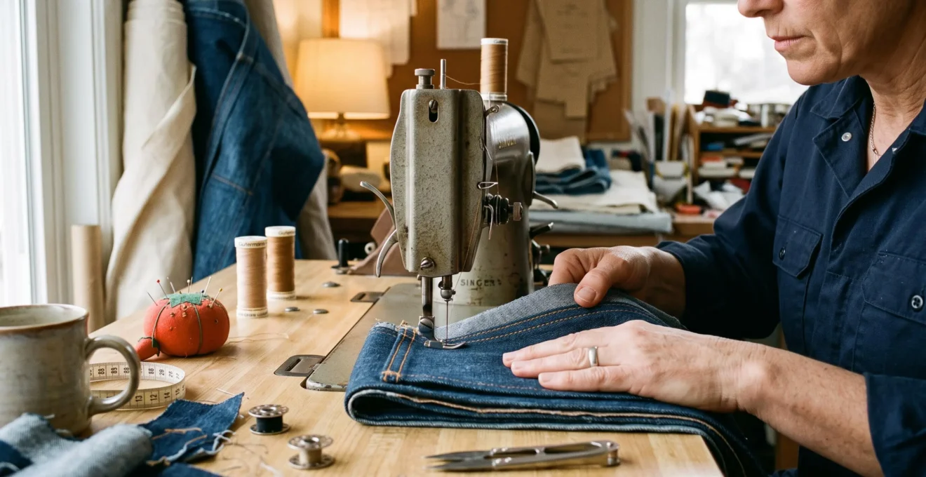 Une couturière guide plusieurs épaisseurs de jean sous le pied presseur d'une piqueuse plate pour réaliser une surpiqûre régulière.