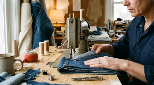 Une couturière guide plusieurs épaisseurs de jean sous le pied presseur d'une piqueuse plate pour réaliser une surpiqûre régulière.