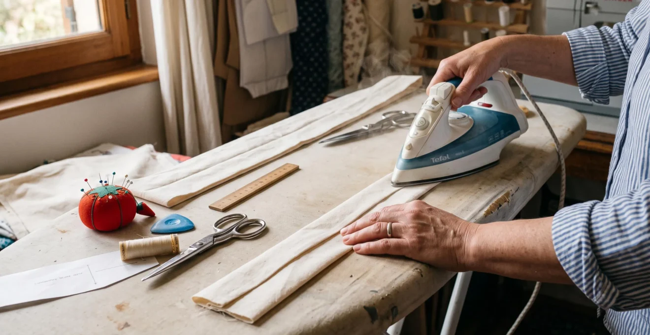 Des mains repassent une bande de tissu pliée en trois sur une table à repasser, avec un fer à vapeur et un gabarit de pliage à proximité.