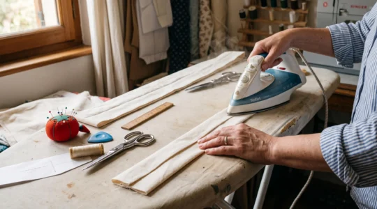 Des mains repassent une bande de tissu pliée en trois sur une table à repasser, avec un fer à vapeur et un gabarit de pliage à proximité.