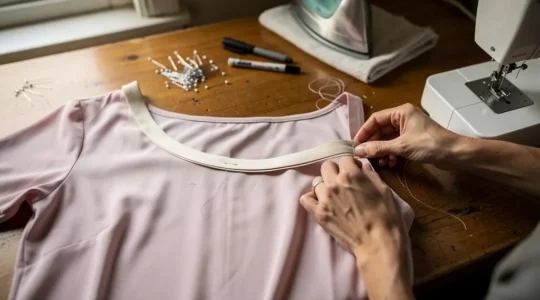 Des mains épinglent un ruban de biais plié le long de l'encolure courbe d'un blouse en viscose posée sur une table de couture.